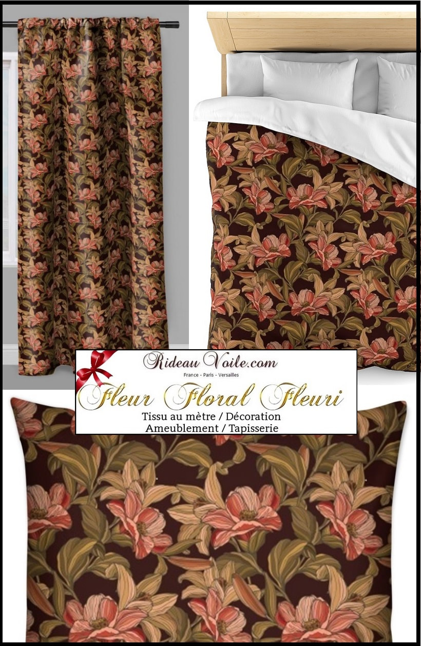 brun or marron tissu tissus fleur fleurs fleuri floral imprimé motif ameublement au mètre grosse feuille plante rideau coussin couette fauteuil salon cuisine 