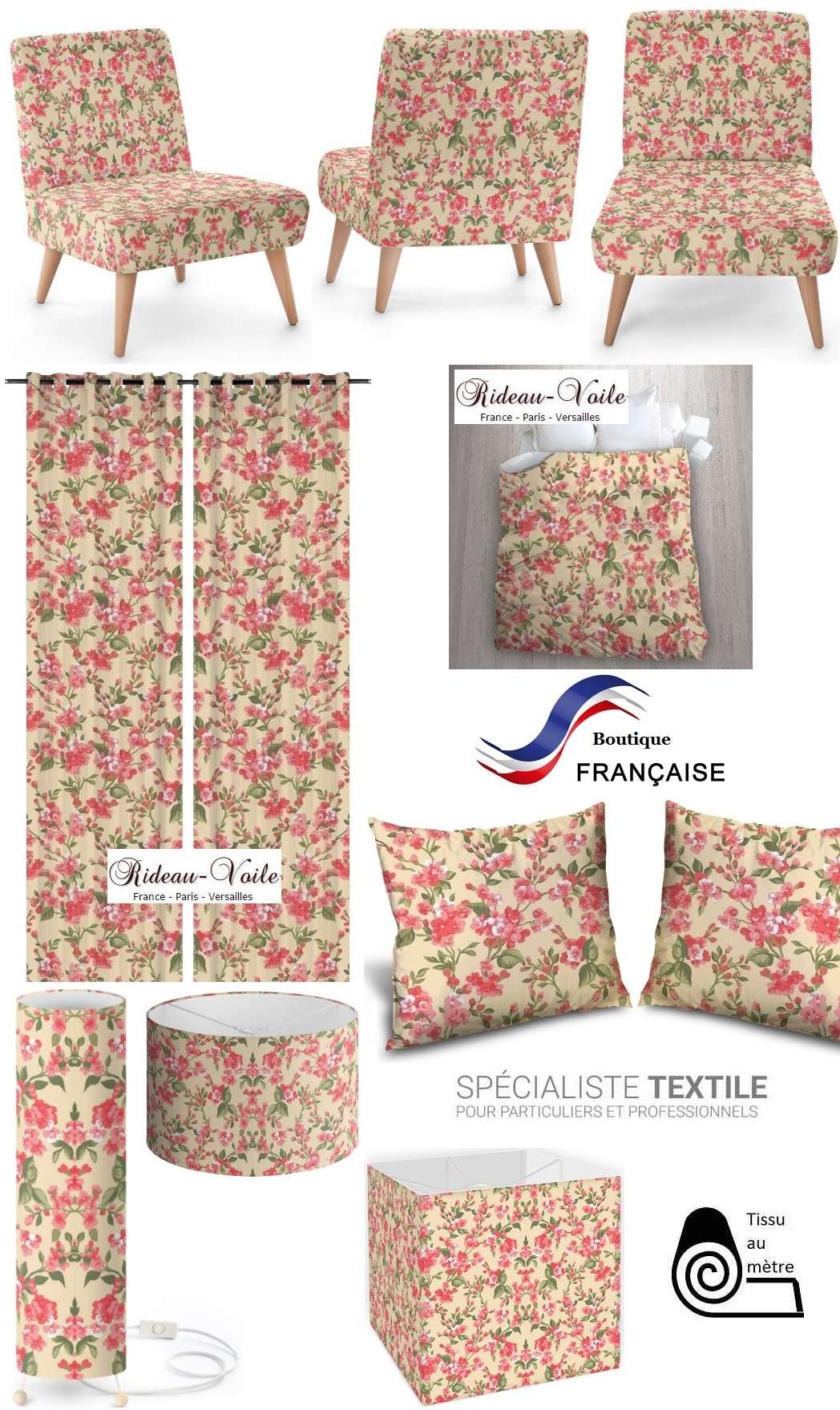 style anglaise vintagetissu tissus fleur fleurs fleuri floral imprimé motif ameublement au mètre grosse feuille plante rideau coussin couette fauteuil salon cuisine 