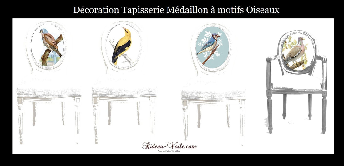 tapisserie siège de style Louis 16 xvi décoration ameublement Cabriolet chaise médaillon tissu imprimé motifs oiseau oiseaux haut gamme salon Paris Versailles France