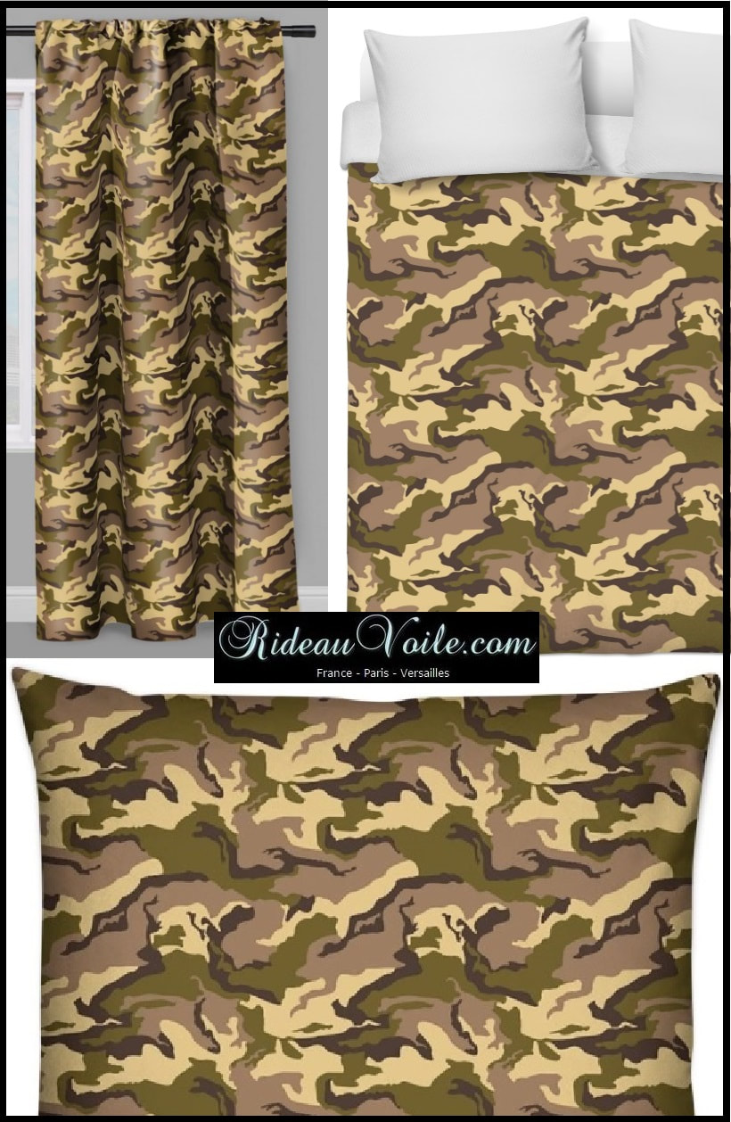 coussin housse sur mesure tissu camouflage militaire décoration fauteuil tapisserie luxe Paris Versailles France