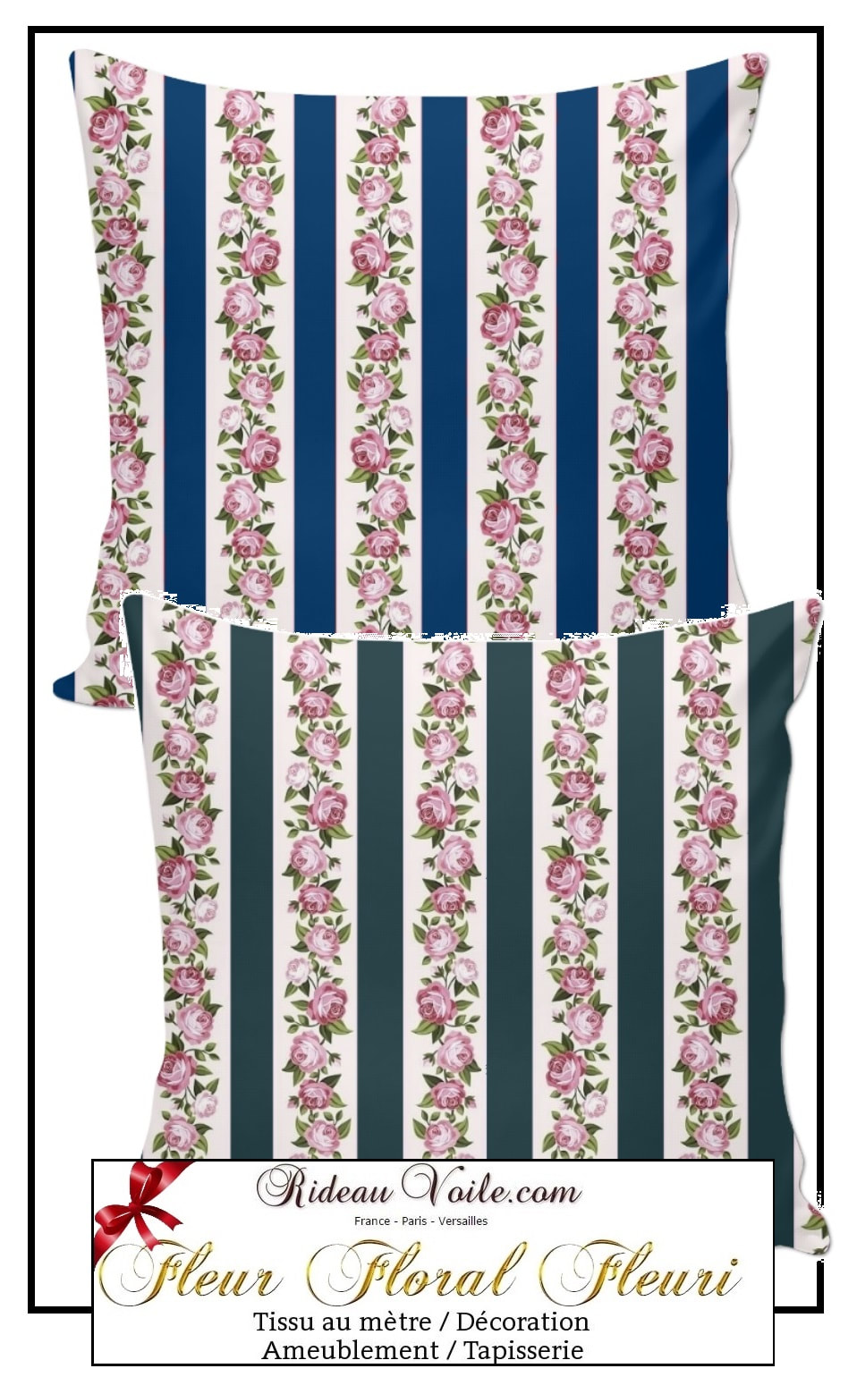 tissu à lignes bleu fleuri, tissu à rayure motif fleur, rideau à fleur, rideau motif fleur, tissu mètre, tissu décoration, ameublement, tapisserie, tissu rayé, 