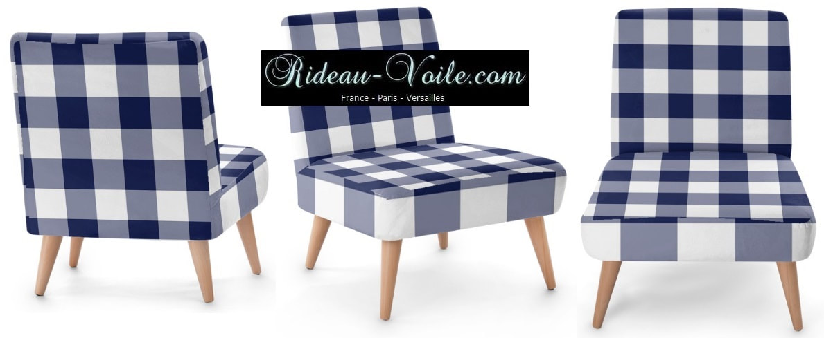 fauteuil d'appoint salle attente mobilier entreprise professionnel ignifugé non feu suédine matière tissu carreaux carré vichy bleu blanc tapisserie luxe haut de gamme