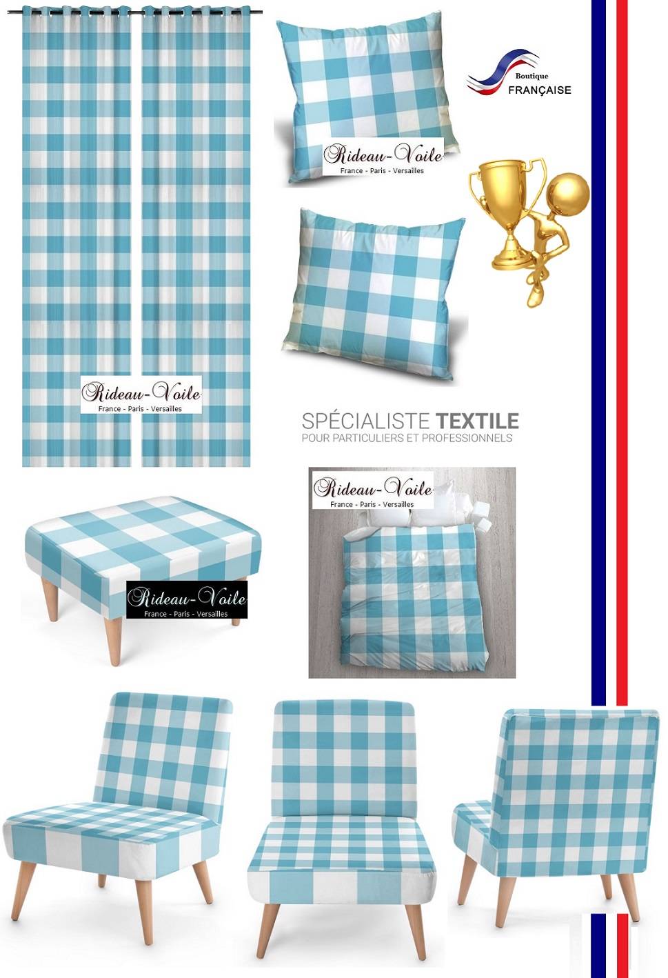 tissu textile ameublement fauteuil ignifugé non feu M1 siège carrés carreaux motif imprimé vichy bleu blanc rideau couette coussin siège au mètre haut gamme
