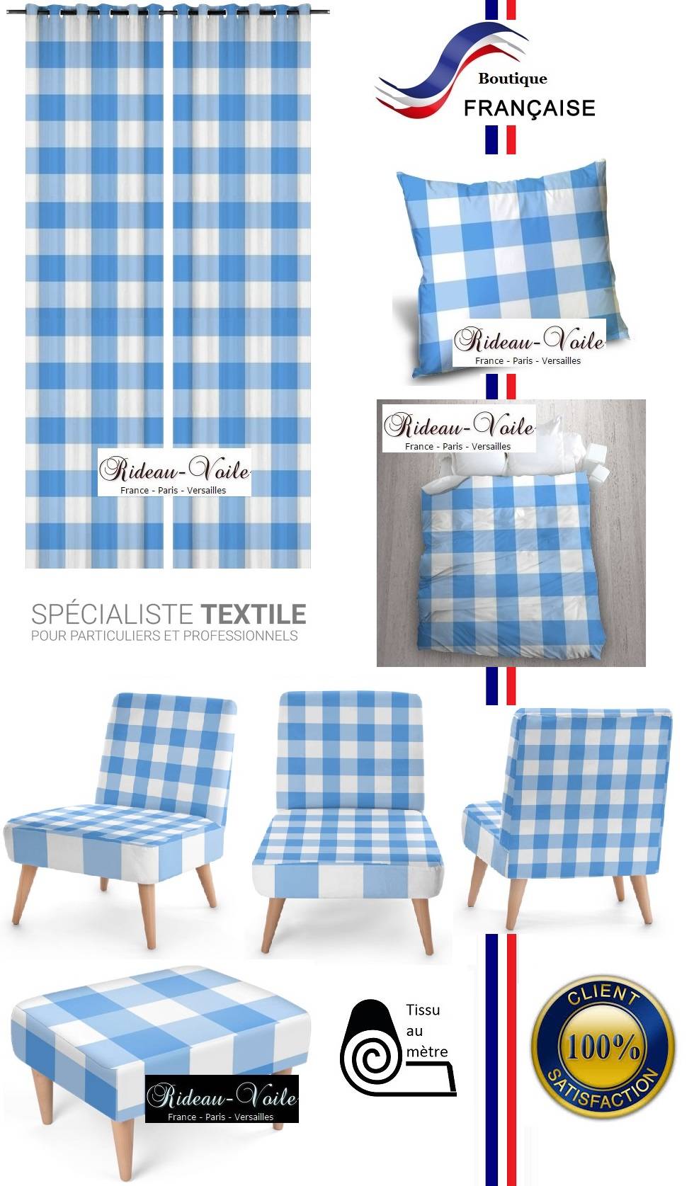 tissu textile ameublement fauteuil ignifugé non feu M1 siège carrés carreaux motif imprimé vichy bleu blanc rideau couette coussin siège au mètre haut gamme
